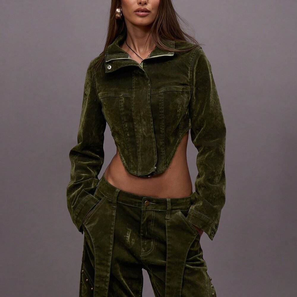 Army Green Casual Women's High Neck Curved Hem Waist Fitted Flocked Top